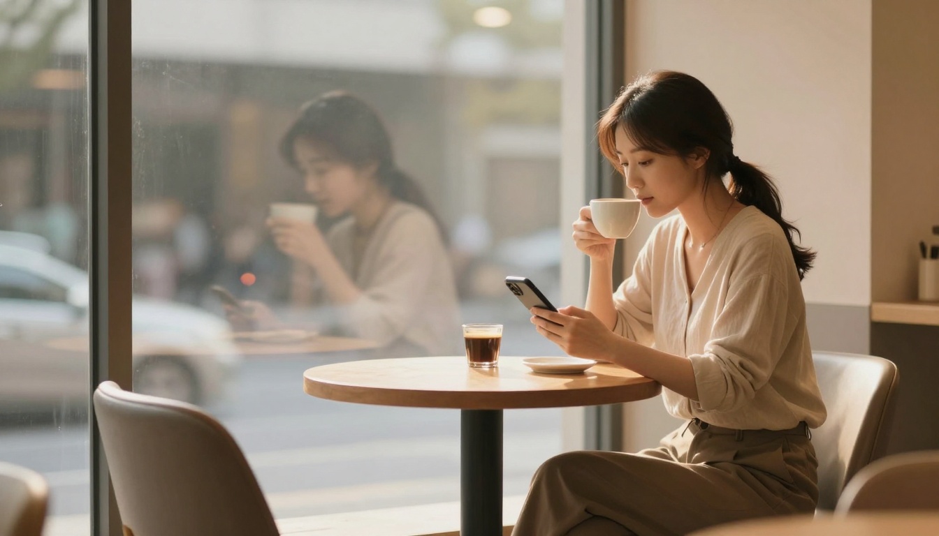 A woman in a cafe drinks from a white mug while looking at her smartphone. She sits at a wooden table with a small glass of espresso. Her reflection is visible in the large window beside her.