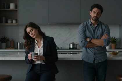 A woman in a dark suit sits on a kitchen counter holding a mug, looking down. A man in a gray shirt stands beside her with arms crossed, looking contemplative. The kitchen has a marble countertop and modern decor.