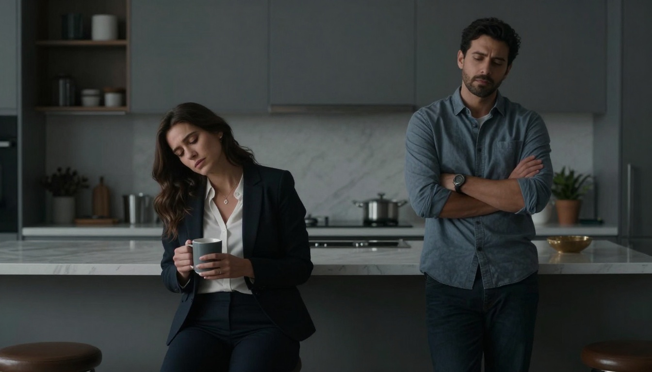 A woman in a dark suit sits on a kitchen counter holding a mug, looking down. A man in a gray shirt stands beside her with arms crossed, looking contemplative. The kitchen has a marble countertop and modern decor.