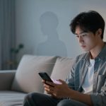 A person sitting on a gray sofa is focused on a smartphone in a softly lit room. A faint silhouette appears beside them. The background includes a window with sheer curtains and potted plants.