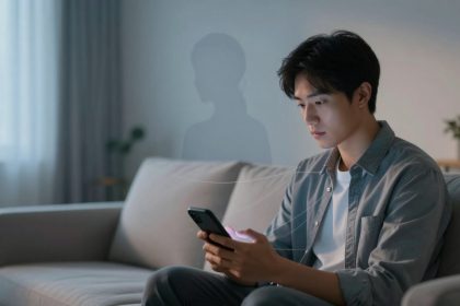 A person sitting on a gray sofa is focused on a smartphone in a softly lit room. A faint silhouette appears beside them. The background includes a window with sheer curtains and potted plants.