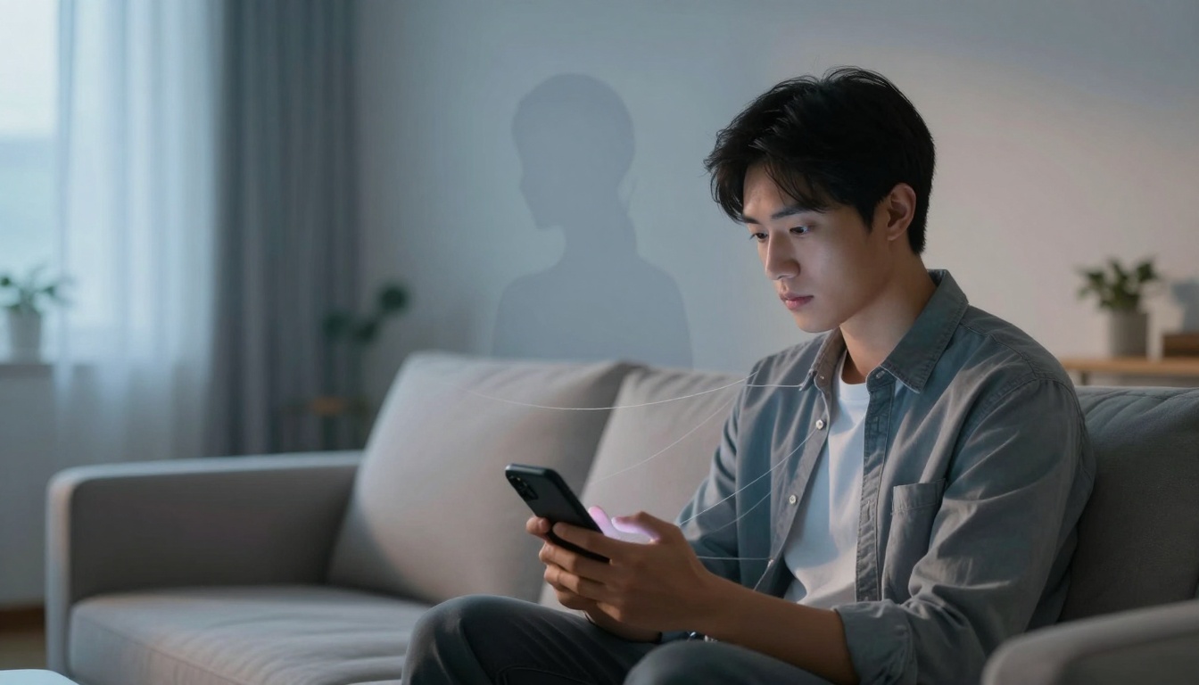 A person sitting on a gray sofa is focused on a smartphone in a softly lit room. A faint silhouette appears beside them. The background includes a window with sheer curtains and potted plants.