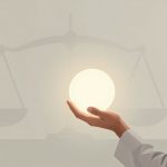 A man wearing traditional Middle Eastern attire holds a glowing orb in his palm. A silhouette of scales is in the background, symbolizing balance or justice.