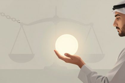 A man wearing traditional Middle Eastern attire holds a glowing orb in his palm. A silhouette of scales is in the background, symbolizing balance or justice.