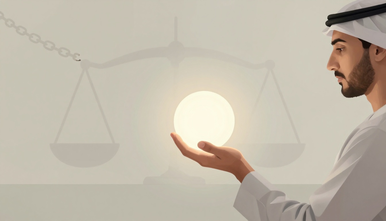 A man wearing traditional Middle Eastern attire holds a glowing orb in his palm. A silhouette of scales is in the background, symbolizing balance or justice.