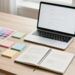 A wooden desk with a laptop displaying a design template, a spiral notebook with sketches, colorful sticky notes, a color palette chart, a ruler, and a cup of coffee.