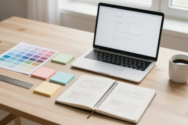 A wooden desk with a laptop displaying a design template, a spiral notebook with sketches, colorful sticky notes, a color palette chart, a ruler, and a cup of coffee.