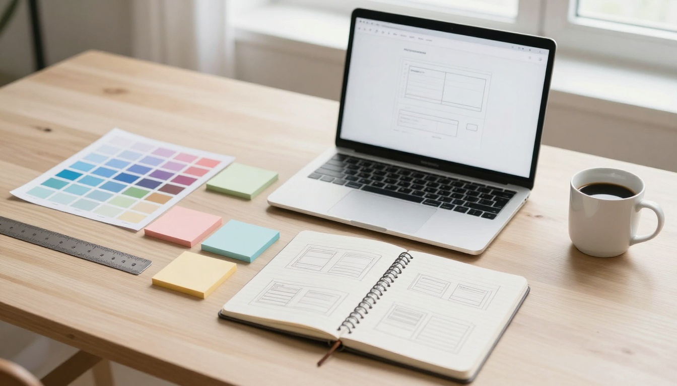 A wooden desk with a laptop displaying a design template, a spiral notebook with sketches, colorful sticky notes, a color palette chart, a ruler, and a cup of coffee.