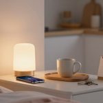 A bedside table with a glowing lamp, a smartphone, a white mug on a wooden tray, keys, and a small calendar. A bed with pink sheets is partially visible.
