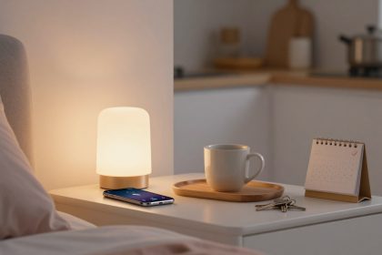 A bedside table with a glowing lamp, a smartphone, a white mug on a wooden tray, keys, and a small calendar. A bed with pink sheets is partially visible.