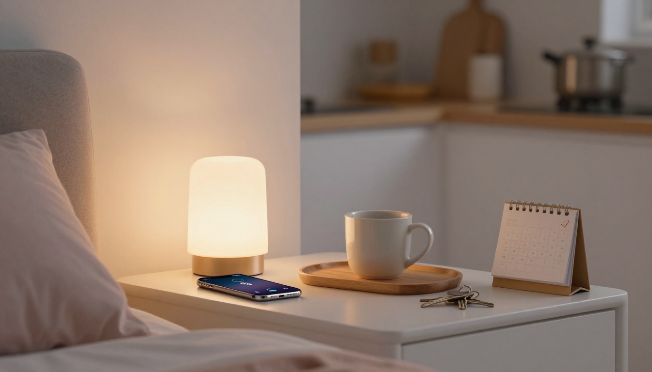A bedside table with a glowing lamp, a smartphone, a white mug on a wooden tray, keys, and a small calendar. A bed with pink sheets is partially visible.