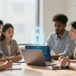 A diverse group of six people sit around a table in an office, engaged in discussion. Laptops and notebooks are on the table, with a digital padlock icon hovering above, symbolizing cybersecurity or data protection. Natural light filters through large windows.