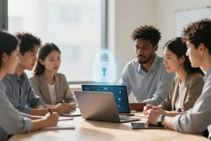 A diverse group of six people sit around a table in an office, engaged in discussion. Laptops and notebooks are on the table, with a digital padlock icon hovering above, symbolizing cybersecurity or data protection. Natural light filters through large windows.