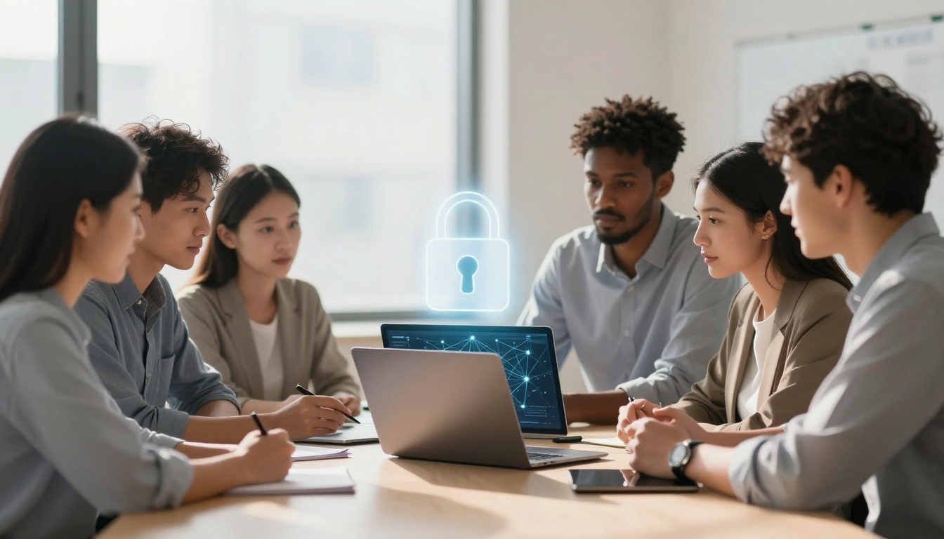 A diverse group of six people sit around a table in an office, engaged in discussion. Laptops and notebooks are on the table, with a digital padlock icon hovering above, symbolizing cybersecurity or data protection. Natural light filters through large windows.