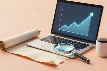 A laptop on a desk displays a graph with an upward trend. A magnifying glass, a rolled parchment, and a cup of coffee are nearby.