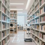 A small robot with a smiling face stands on a platform with wheels in a library aisle. It is surrounded by shelves filled with colorful books. The robot has blue glowing accents and a digital interface above it, indicating technology integration. The library environment is modern and well-lit.