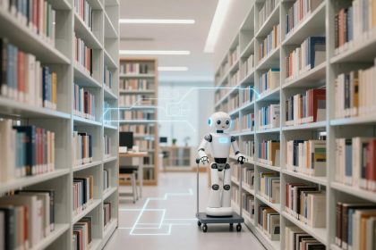 A small robot with a smiling face stands on a platform with wheels in a library aisle. It is surrounded by shelves filled with colorful books. The robot has blue glowing accents and a digital interface above it, indicating technology integration. The library environment is modern and well-lit.