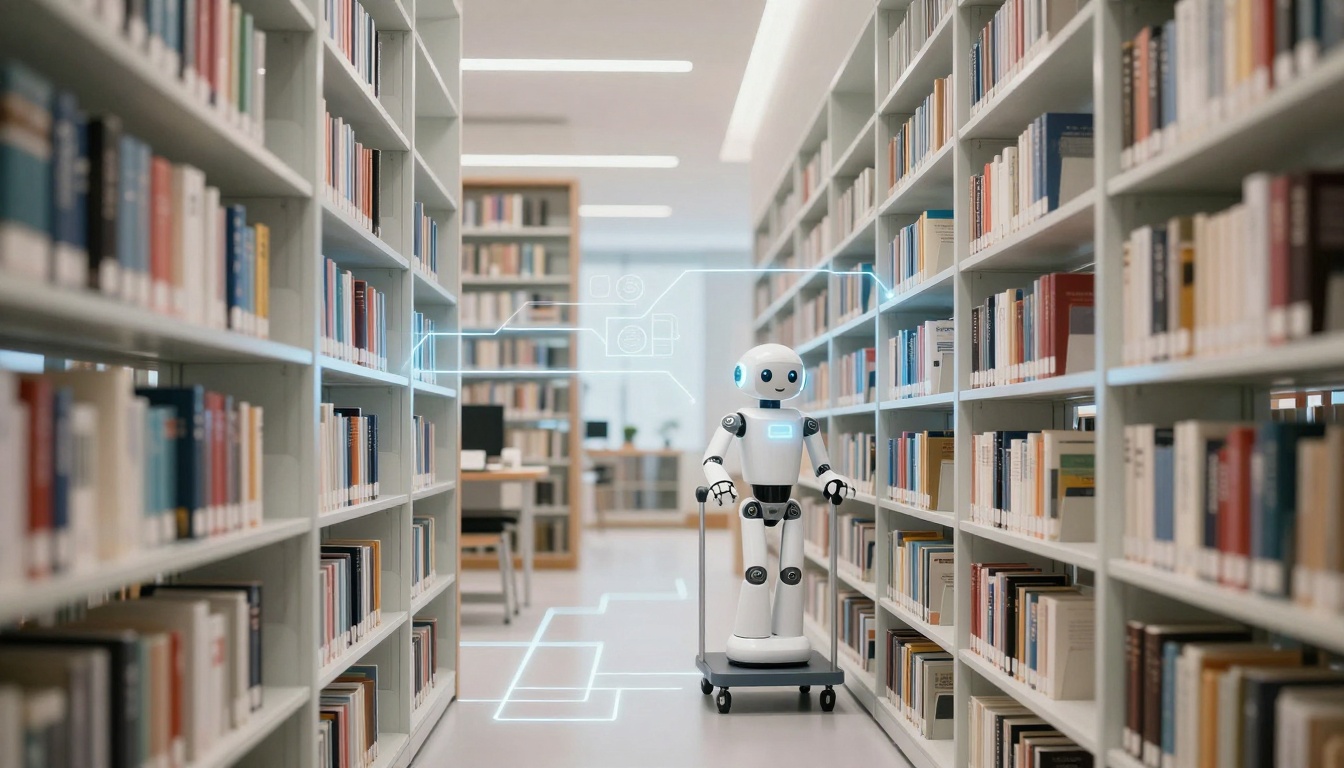 A small robot with a smiling face stands on a platform with wheels in a library aisle. It is surrounded by shelves filled with colorful books. The robot has blue glowing accents and a digital interface above it, indicating technology integration. The library environment is modern and well-lit.