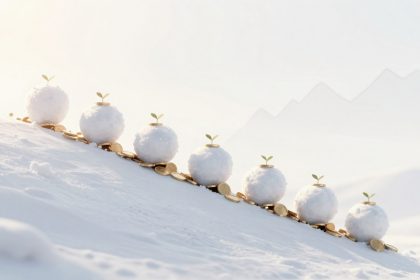 Seven snowballs with small green sprouts rest on stacks of gold coins on a snow-covered slope against a pale sky.