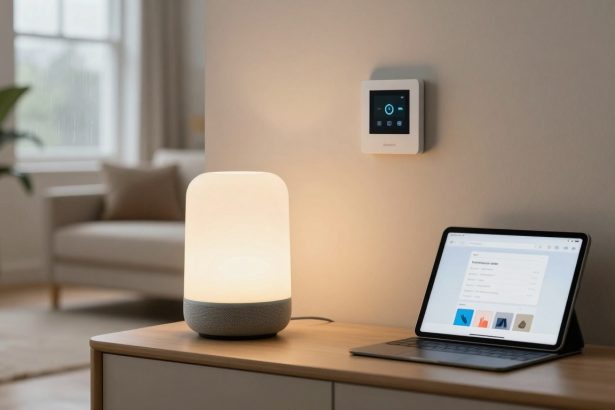 A modern living room features a glowing smart lamp on a wooden table, next to an open laptop displaying a website. A digital thermostat is mounted on the light-colored wall above. A sofa, potted plant, and window are blurred in the background.