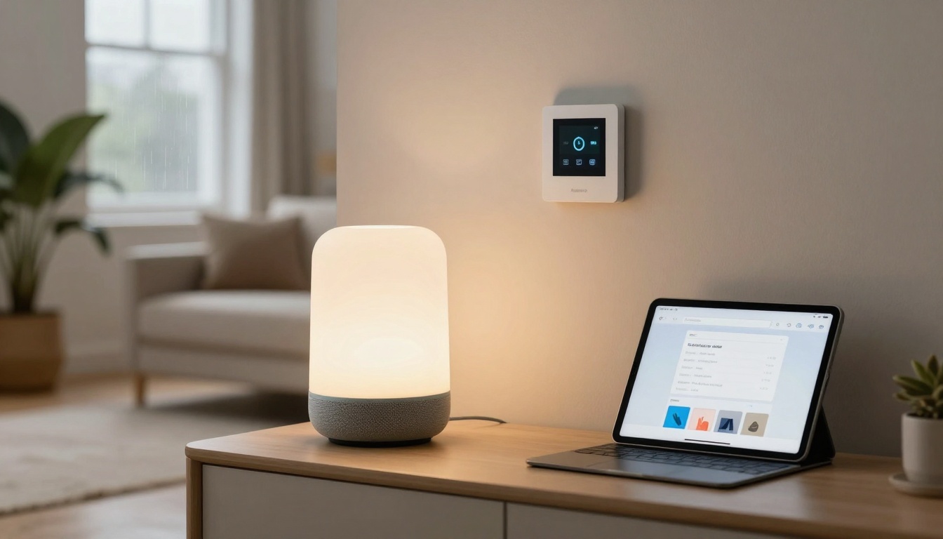 A modern living room features a glowing smart lamp on a wooden table, next to an open laptop displaying a website. A digital thermostat is mounted on the light-colored wall above. A sofa, potted plant, and window are blurred in the background.