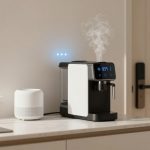 A modern coffee machine with a digital display showing "03:9" emits steam on a kitchen countertop. A white smart speaker sits nearby, with a window and a bowl of fruit in the background.