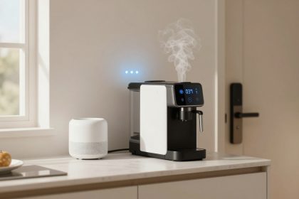 A modern coffee machine with a digital display showing "03:9" emits steam on a kitchen countertop. A white smart speaker sits nearby, with a window and a bowl of fruit in the background.