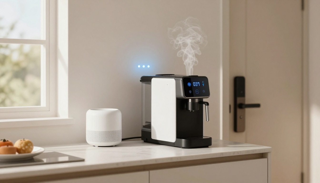 A modern coffee machine with a digital display showing "03:9" emits steam on a kitchen countertop. A white smart speaker sits nearby, with a window and a bowl of fruit in the background.