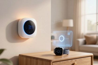 A modern smart thermostat with a blue digital display reading "31°C" is mounted on a wall. A smart watch is on a wooden table beneath it, and a holographic interface is projected between them. A blurred living room with a lamp and couch is in the background.