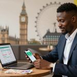 A man in a suit sits at a table using a smartphone. A laptop, a cup of tea, and currency notes are on the table. A mural of Big Ben and the London Eye is in the background.