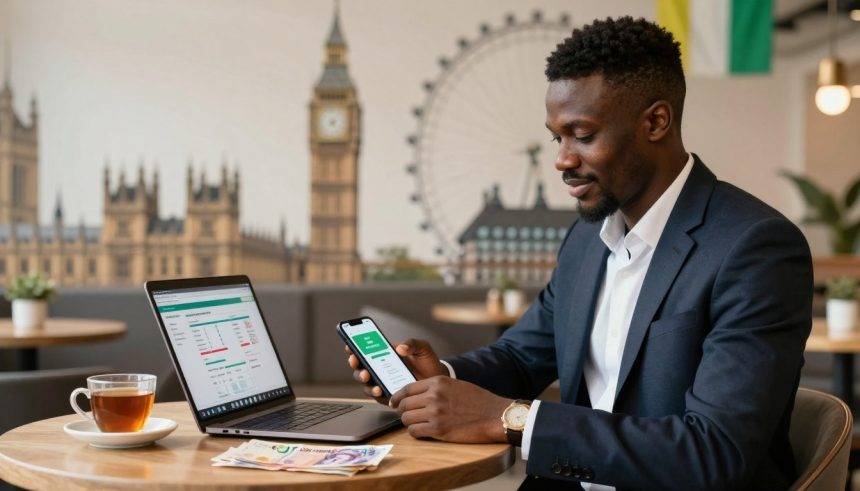 A man in a suit sits at a table using a smartphone. A laptop, a cup of tea, and currency notes are on the table. A mural of Big Ben and the London Eye is in the background.