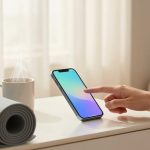 A hand reaching to touch a smartphone with a gradient screen on a table, next to a steaming cup and a rolled-up yoga mat, in a bright room.