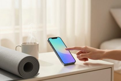 A hand reaching to touch a smartphone with a gradient screen on a table, next to a steaming cup and a rolled-up yoga mat, in a bright room.