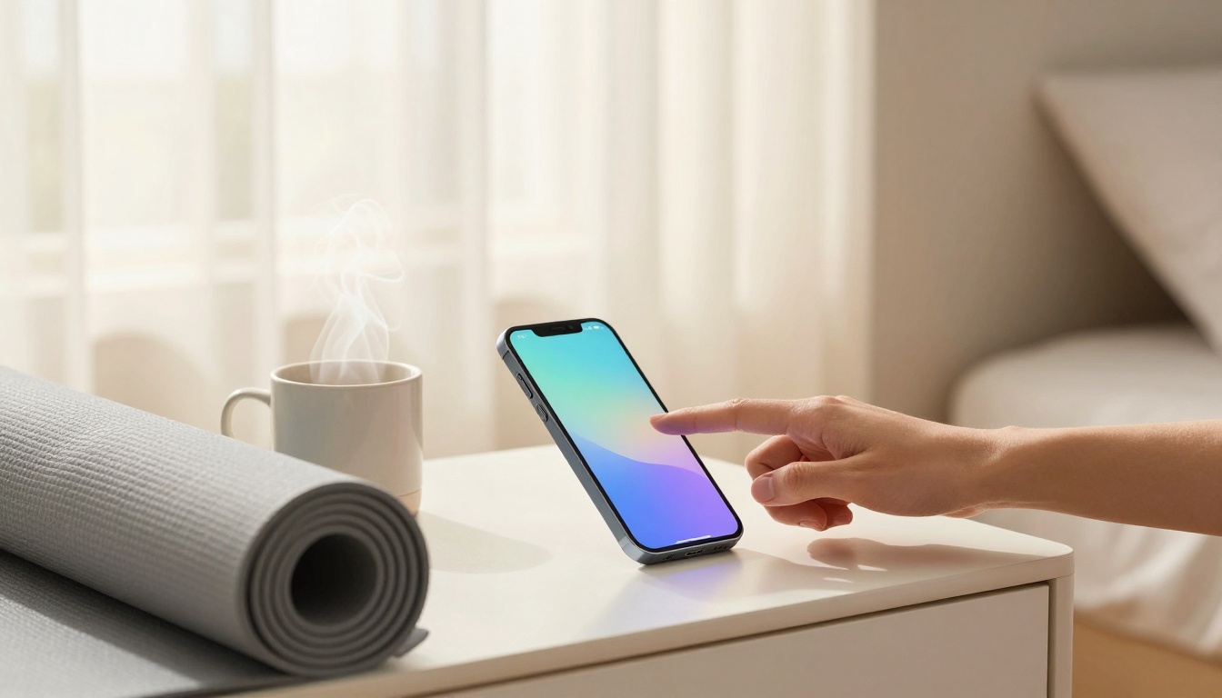 A hand reaching to touch a smartphone with a gradient screen on a table, next to a steaming cup and a rolled-up yoga mat, in a bright room.