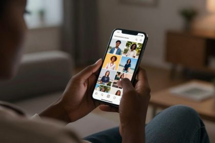 A person holding a smartphone displaying a social media profile with a grid of photos. The background is a cozy living room with a sofa and a lamp.