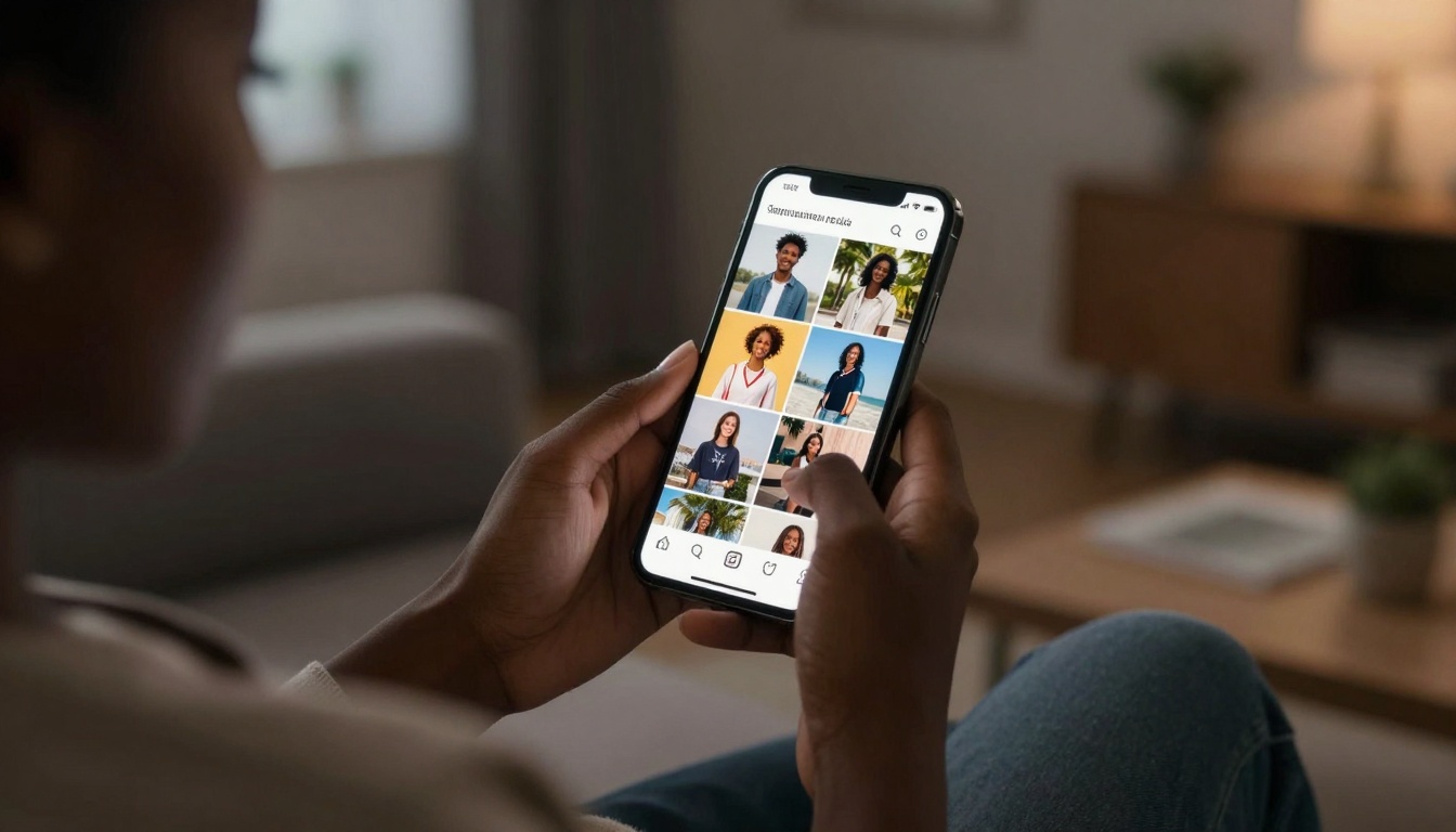 A person holding a smartphone displaying a social media profile with a grid of photos. The background is a cozy living room with a sofa and a lamp.