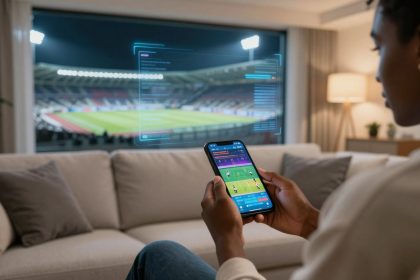 A person sitting on a couch in a modern living room holds a smartphone displaying a soccer game. A large window shows a stadium outside, with holographic sports data overlays visible.