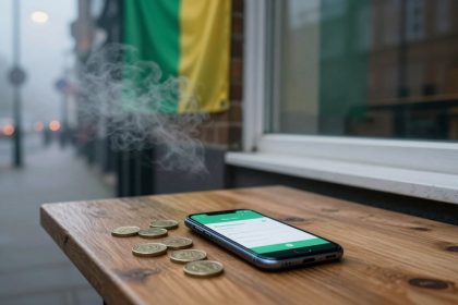 A smartphone with a green app screen and several coins are on a wooden table outdoors. Steam rises nearby, and a green and yellow flag is visible in the background.