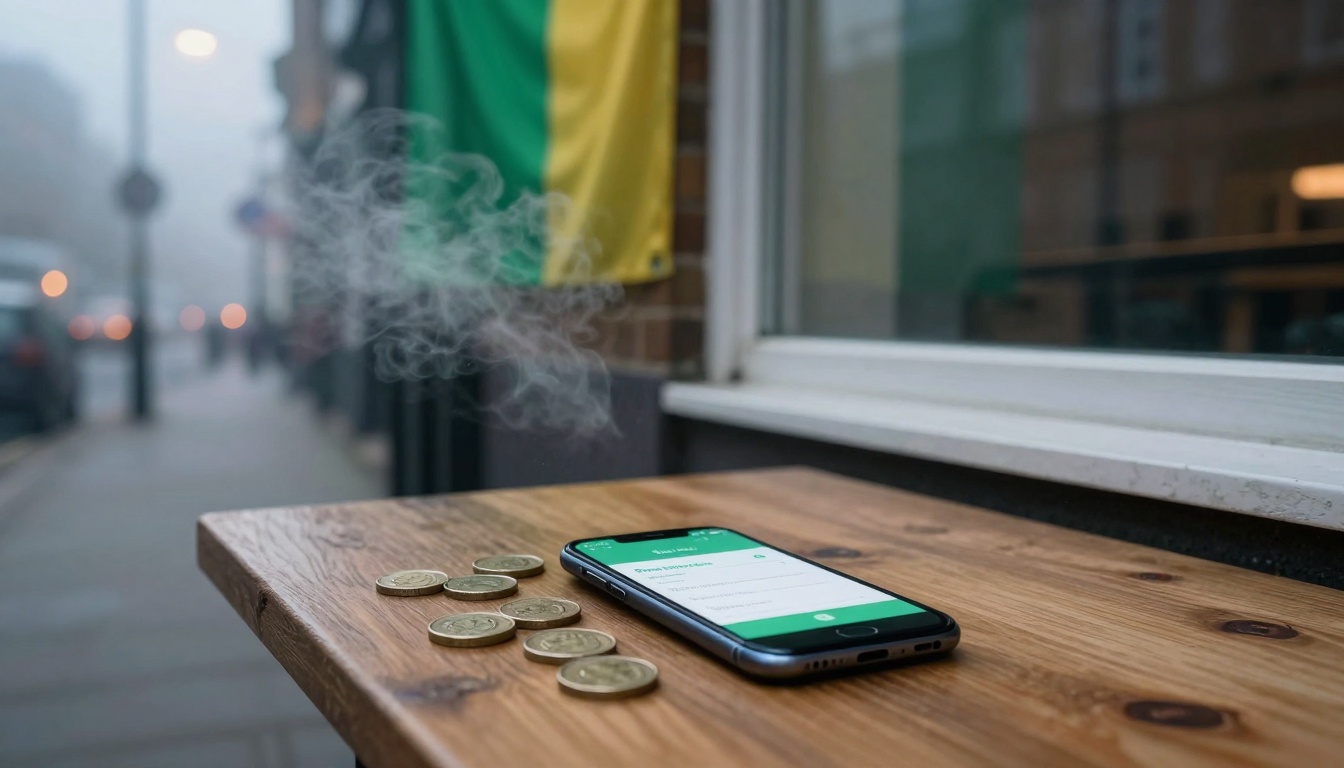 A smartphone with a green app screen and several coins are on a wooden table outdoors. Steam rises nearby, and a green and yellow flag is visible in the background.