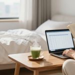 A person in white pajamas sits on a bed, reading a book and using a laptop showing a spreadsheet. A steaming green drink is on a wooden table.