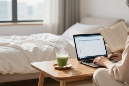 A person in white pajamas sits on a bed, reading a book and using a laptop showing a spreadsheet. A steaming green drink is on a wooden table.