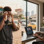 Split image: Left side shows a man in a dark uniform wiping sweat with a cloth in front of a yellow bus. Right side shows a woman with headphones working on a laptop at a modern desk.