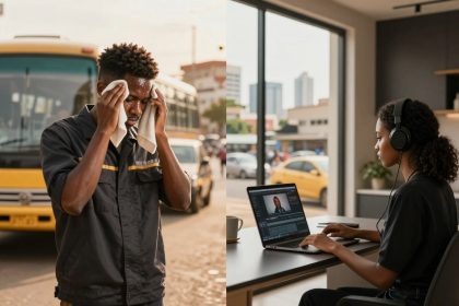 Split image: Left side shows a man in a dark uniform wiping sweat with a cloth in front of a yellow bus. Right side shows a woman with headphones working on a laptop at a modern desk.