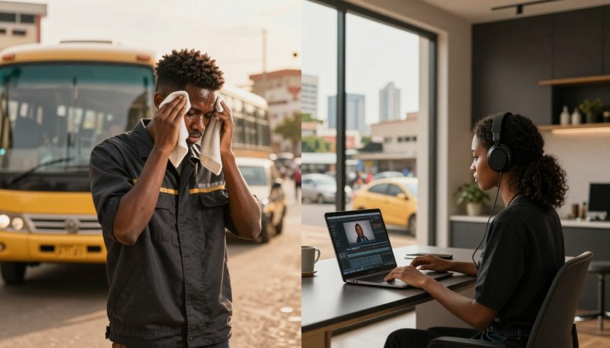 Split image: Left side shows a man in a dark uniform wiping sweat with a cloth in front of a yellow bus. Right side shows a woman with headphones working on a laptop at a modern desk.
