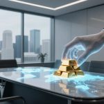 A hand in a suit reaches for stacked gold bars on a glass table with a digital world map. Office setting with city skyline view.