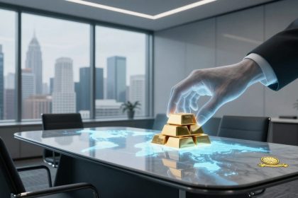 A hand in a suit reaches for stacked gold bars on a glass table with a digital world map. Office setting with city skyline view.