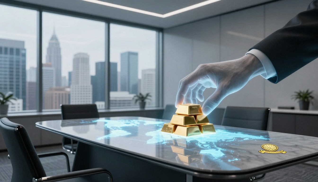 A hand in a suit reaches for stacked gold bars on a glass table with a digital world map. Office setting with city skyline view.