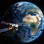 Satellites orbiting Earth with visible continents, including Africa and Europe. Spacecraft have solar panels and emit light in space.