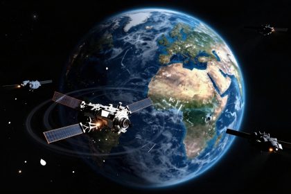 Satellites orbiting Earth with visible continents, including Africa and Europe. Spacecraft have solar panels and emit light in space.