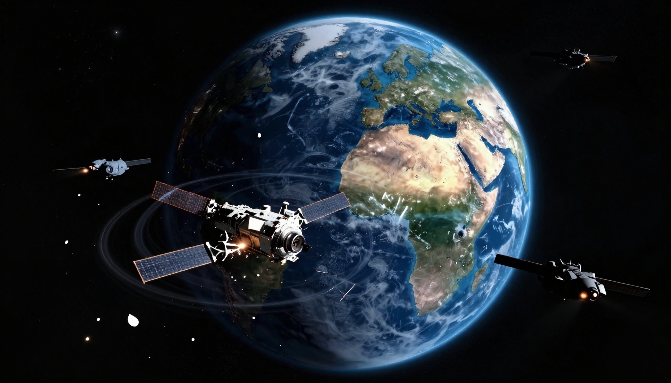 Satellites orbiting Earth with visible continents, including Africa and Europe. Spacecraft have solar panels and emit light in space.